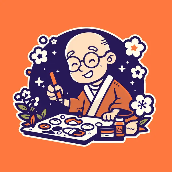 Gülümseyen Keşiş Sanatsal Aletlerle Resim Yapıyor