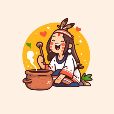 Amerikan yerlisi çocuk kaşıkla tencerede yemek pişiriyor, neşeli bir çizgi film.