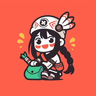 Saç örgülü ve tüylü Amerikan Yerlisi Chibi Kızı