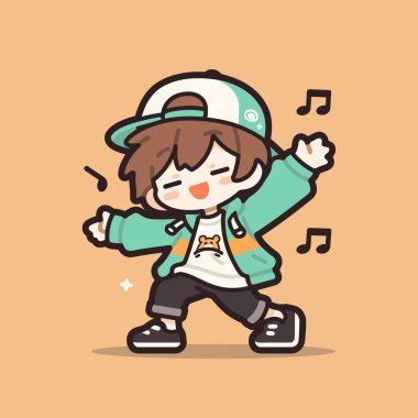 Müzik eşliğinde dans eden sevimli çizgi film çocuğu.