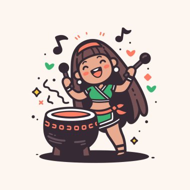 Müzikal Notalı Çizgi film Davulcusu Kız