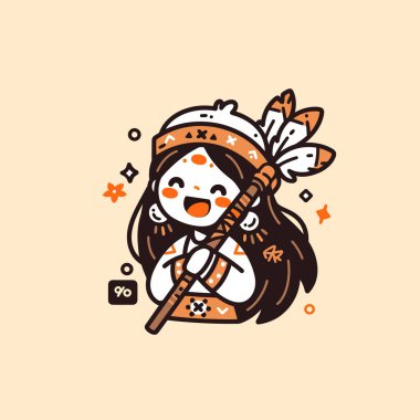 Tüylü Başlıklı ve Gülümseyen İfadesi Olan Chibi Yerlisi Amerikan Kızı