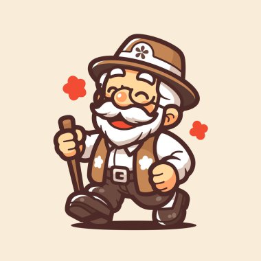 Çizgi filmdeki yaşlı adam elinde bir sopa ve gülümsemeyle yürüyor.