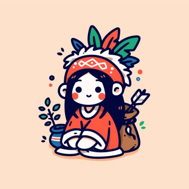 Şirin Amerikan Yerlisi Çocuk İllüstrasyonu