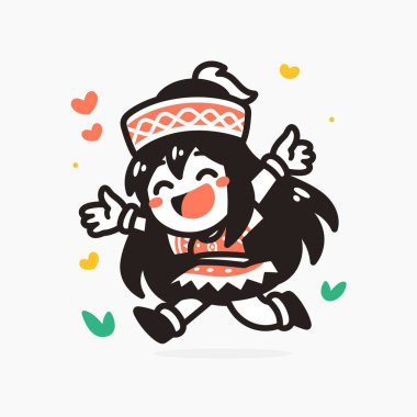 Etnik giyimde neşeli çizgi film karakteri baş parmağıyla