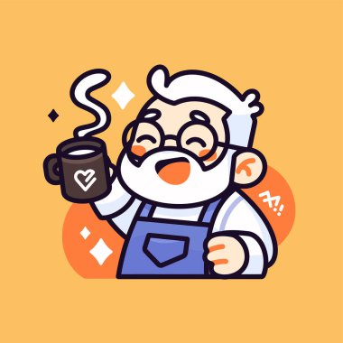 Kahve kupalı neşeli yaşlı adam.