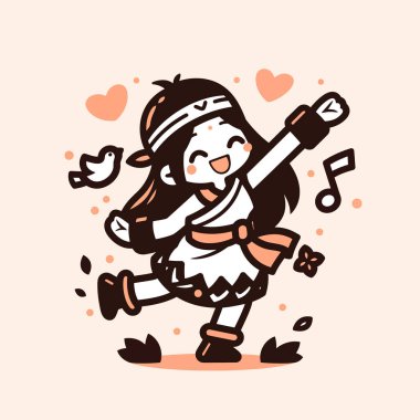 Neşeli Chibi Kız Kalplerle ve Müzik Notalarıyla Dans Ediyor