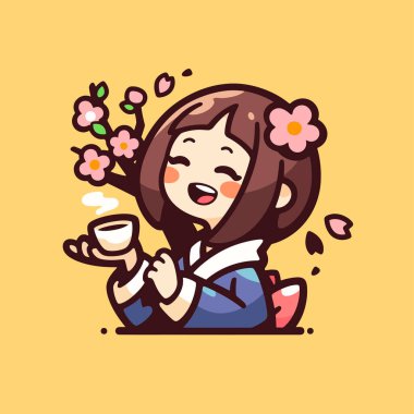 Geyşa kiraz çiçeklerinin altında çay içiyor - Güzel karikatür çizimi