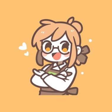 Gözlüklü ve önlüklü gülümseyen kız.