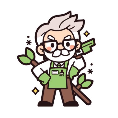 Bahçıvan elinde budama makası ve ağaç dalı tutuyor.