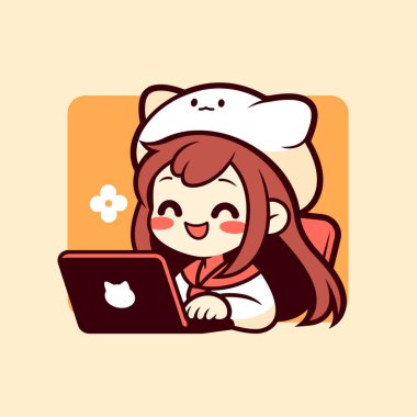 Ayı Şapkalı Anime Kız Laptop üzerinde çalışıyor