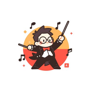 Müzik notalarıyla orkestrayı yöneten sevimli bir karikatür şefi.