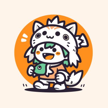 Kedi kostümlü şirin bir çocuk ve balık.