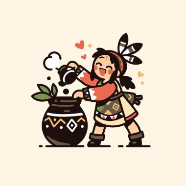 Yerli Amerikan Çocuk Tencerede Ot Pişiriyor