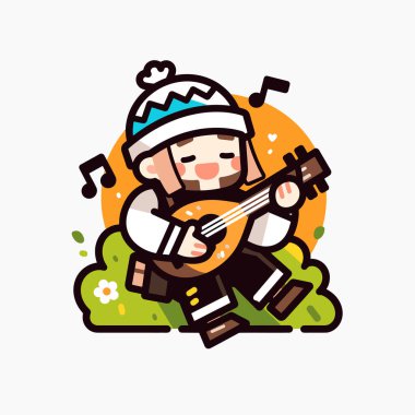 Kışın Mandolin Çalan Sevimli Çizgi Çocuk