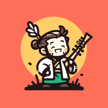 Ok ve Lavtayla Mutlu Samuray Müzisyen Karikatürü