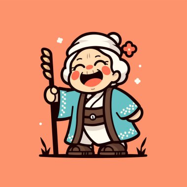 Yürüyen Çubuk Çizgi Filmi İllüstrasyonlu Mutlu Yaşlı Kadın