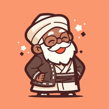 Beyaz sarıklı ve sakallı yaşlı bir adamın neşeli çizgi film karakteri.