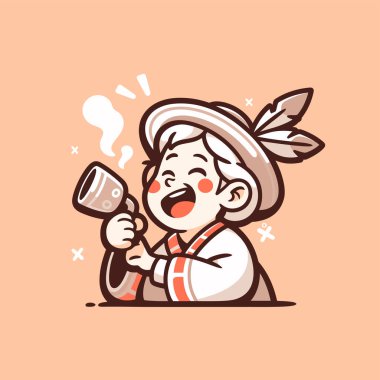 Neşeli çizgi film çocuğu Bir fincan çayın tadını çıkarıyor