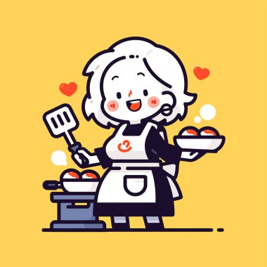 Tatlı çizgi film şefi yemek hazırlıyor ve servis yapıyor.