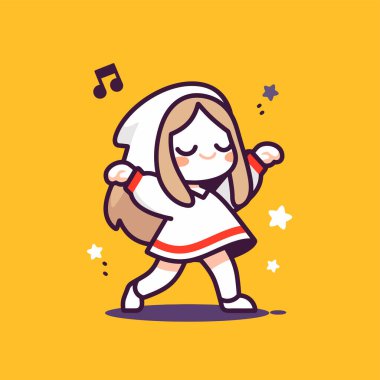 Müzik Notaları ile Dans Eden Kapüşonlu Chibi Karakteri