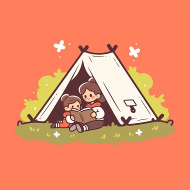 Kamp gezisi sırasında çadırda kitap okuyan iki arkadaş.