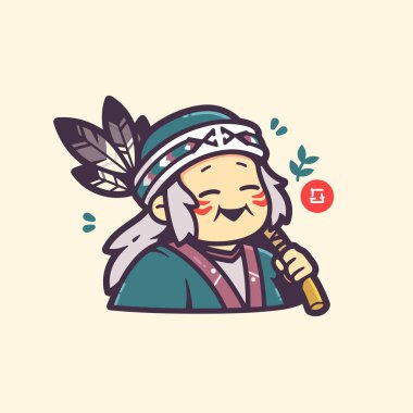 Çizgi film tarzında Flüt ve Tüy Başlıklı Neşeli Yerli Yaşlılar