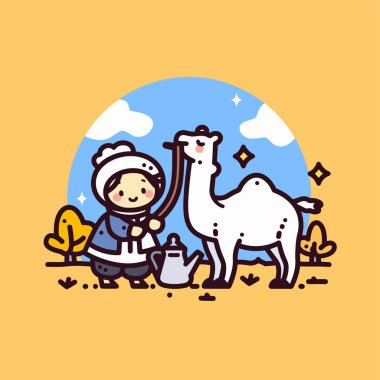 Çölde çay içen bir adamla sevimli bir deve çizgi filmi..