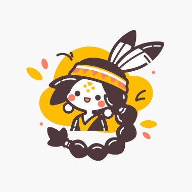 Tüylü başlıklı, çizgi film stili sevimli Amerikan yerlisi kız.