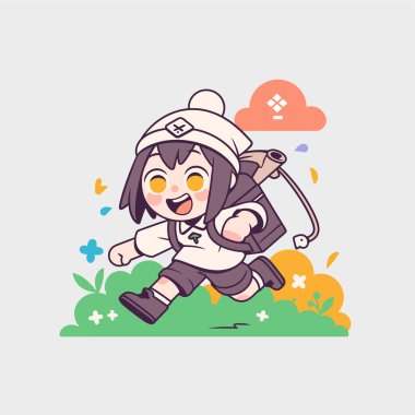 Çizgi film tarzında sırt çantasıyla koşan neşeli çocuk