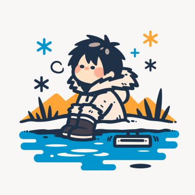 Kışın giyinmiş, karda oturan sevimli bir çocuk.