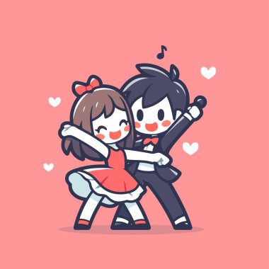 Kalpleriyle dans eden sevimli çizgi film çifti.