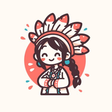 Kızılderili kılığına girmiş Hintli kız. Çizgi film stili illüstrasyon..