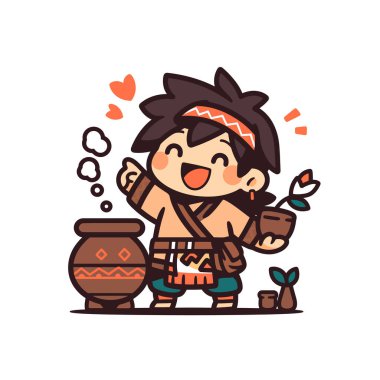 Bir fincan kahveyle yakışıklı bir çocuğun vektör karikatürü.