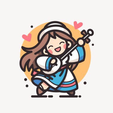 Müzikle ukulele çalan tatlı kız.