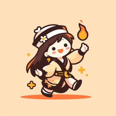 Ateşli, şirin çizgi film karakteri olan Chibi Kız mutlu bir şekilde koşuyor.