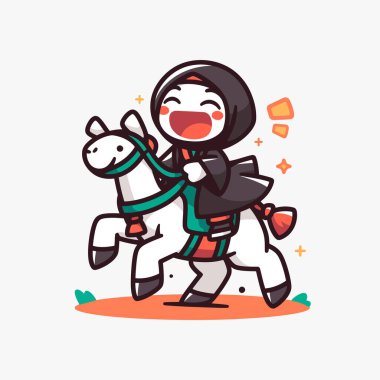 Gülen Müslüman Kız Beyaz At Biniyor Çizgi Film İllüstrasyonu