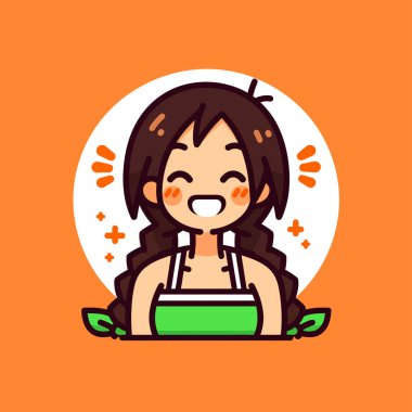 Saçları örgülü ve gülümseyen neşeli Chibi kızı.