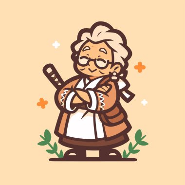 Büyükanne Samuray Bir Çizgi film Yaşlı Ninja ve Katana