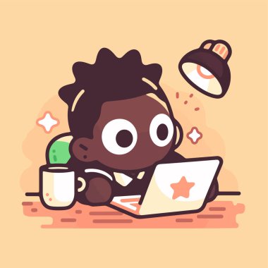 Çocuk elinde kahve fincanıyla dizüstü bilgisayarda çalışıyor.