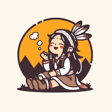 vektör karikatür çizimi. Amerikan yerlisi kostümüyle geleneksel Hint tarzı mutlu bir kız. beyaz arkaplanda izole.