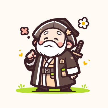 Şirin Samuray Chibi Çiçekler ve Katana Çizgi Filmi Karakteri