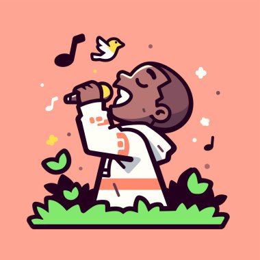 Çocuk bir kuşla şarkı söylüyor.