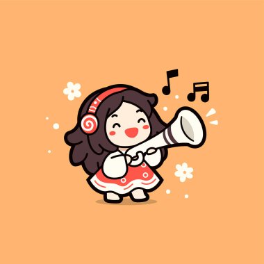 Hoş Çizgi film Kızı Müzikal Notalarla Trompet Çalıyor