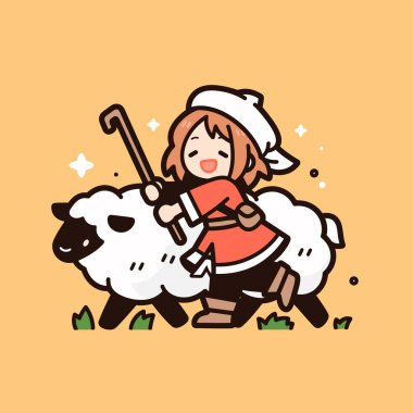 Çoban çizgi film tarzında koyun sürüyor.