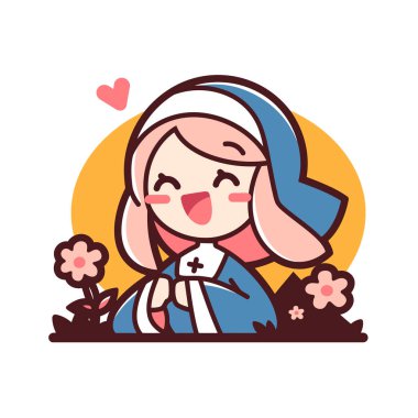 Kalp ve Çiçeklerle Büyüleyici Karikatür Rahibesi