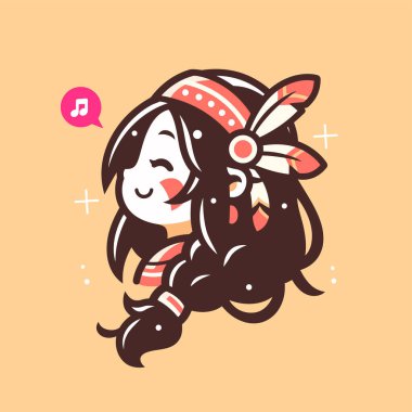 Tüy ve Müzik Notalı Chibi Amerikan Yerlisi Kız