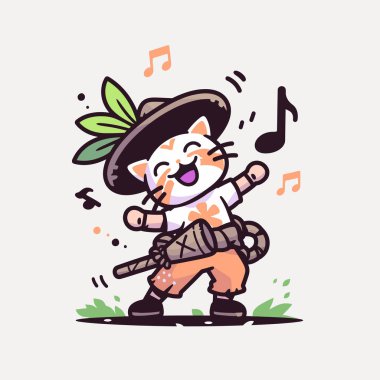 Neşeli Kedi Müzisyen Müzikal Notalarla Dans