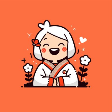 Beyaz Saçlı ve Çiçekli Gülen Çizgi Kız