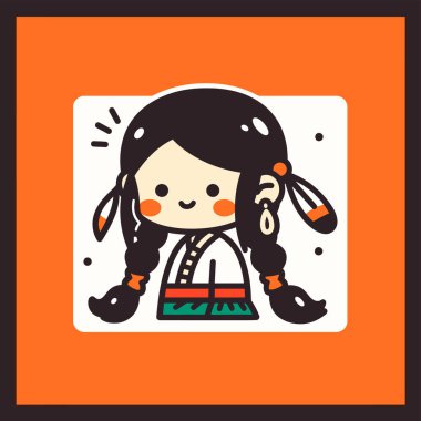 Saçları örgülü gülümseyen bir Amerikan yerlisinin çizgi film portresi.